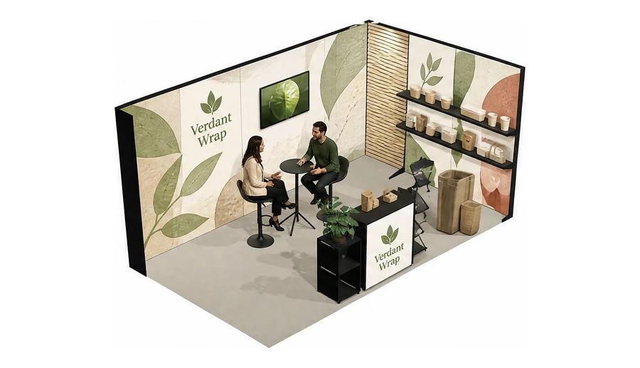 Stoisko 5 × 3 m narożne prawe dla branży opakowania ekologiczne, przykładowa marka Verdant Wrap