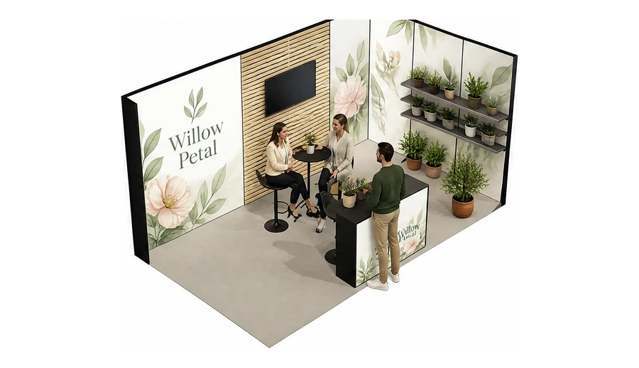 Stoisko 5 × 3 m narożne prawe dla branży rośliny i kwiaciarstwo, przykładowa marka Willow Petal