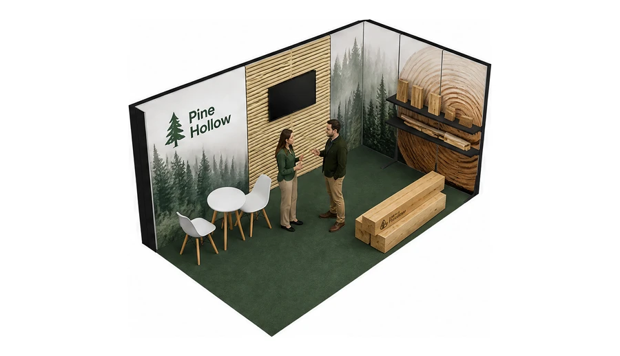 Stoisko 5 × 3 m narożne prawe dla branży leśnictwo i przemysł drzewny, przykładowa marka Pine Hollow