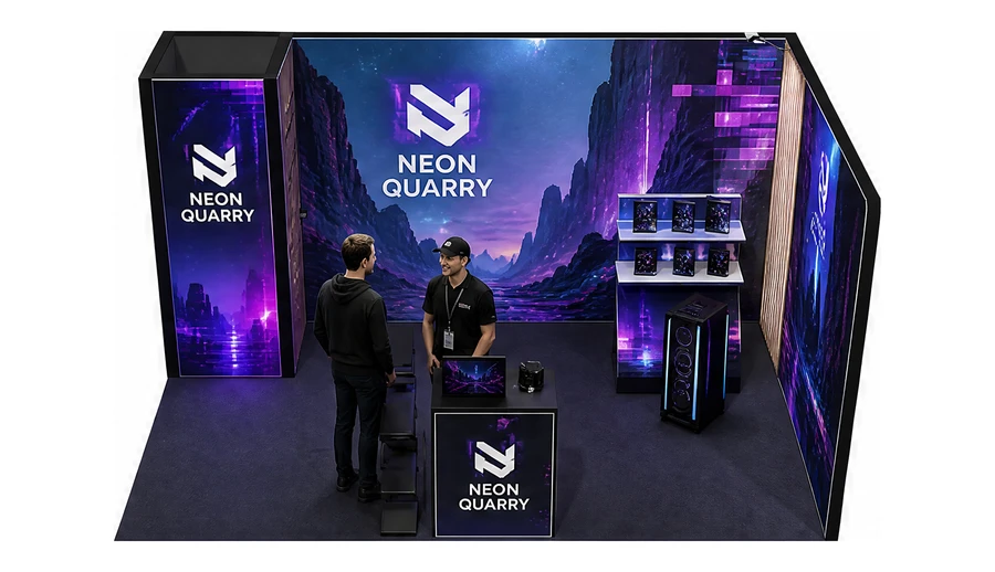 Stoisko 5 × 3 m narożne prawe dla branży gry wideo, przykładowa marka Neon Quarry