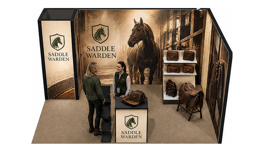 Stoisko 5 × 3 m narożne prawe dla branży jeździectwo, przykładowa marka Saddle Warden