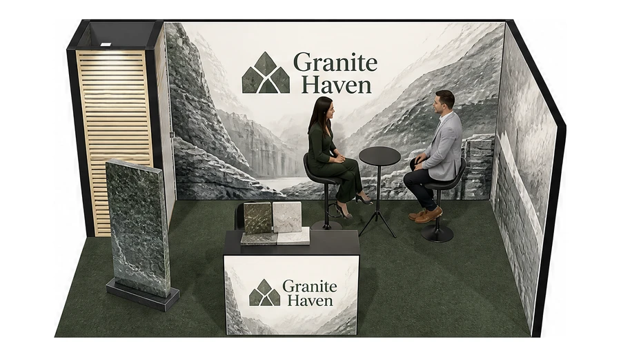Stoisko 5 × 3 m narożne prawe dla branży kamień i kamieniarstwo, przykładowa marka Granite Haven