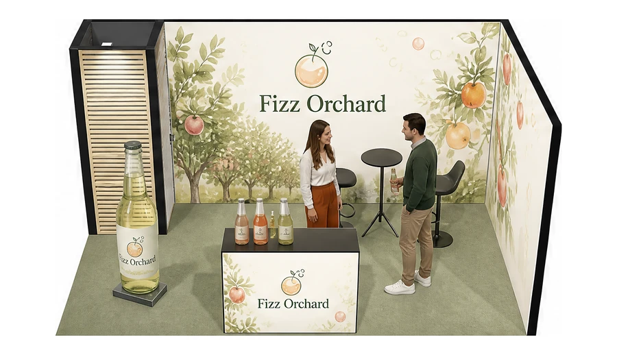 Stoisko 5 × 3 m narożne prawe dla branży napoje, przykładowa marka Fizz Orchard