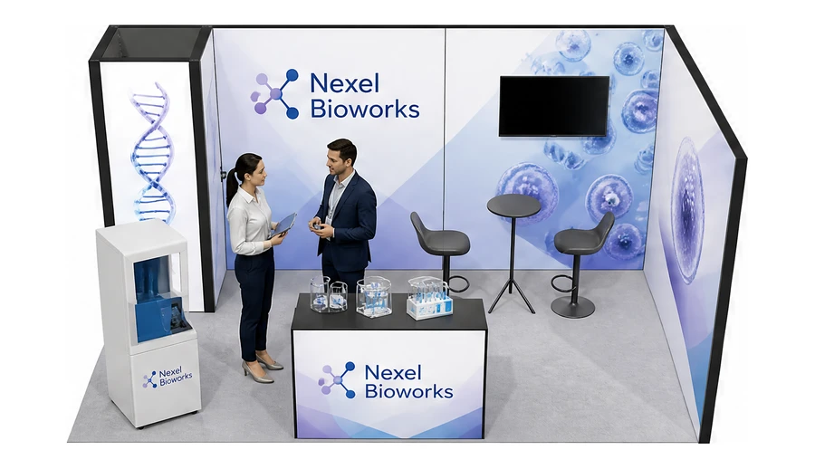 Stoisko 5 × 3 m narożne prawe dla branży farmacja i biotechnologia, przykładowa marka Nexel Bioworks