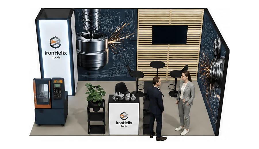 Stoisko 5 × 3 m narożne prawe dla branży obrabiarki i narzędzia, przykładowa marka IronHelix Tools