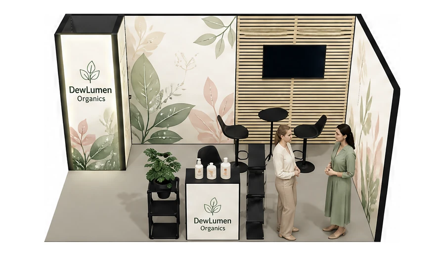 Stoisko 5 × 3 m narożne prawe dla branży kosmetyki naturalne, przykładowa marka DewLumen Organics