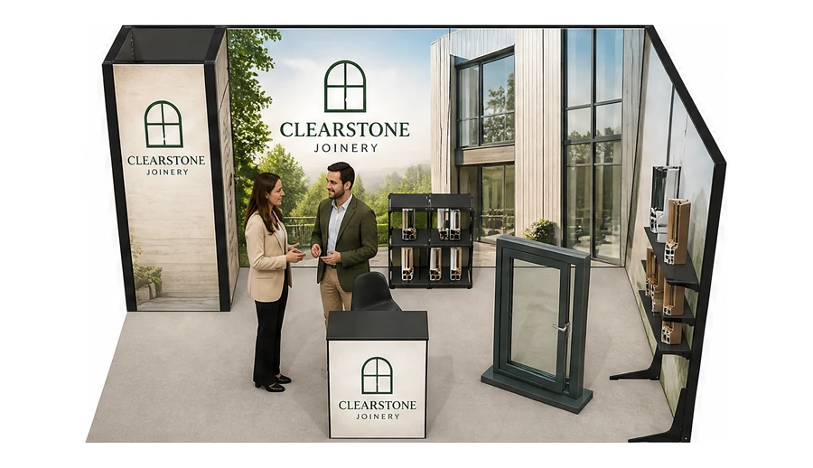 Stoisko 5 × 3 m narożne prawe dla branży okna i drzwi, przykładowa marka Clearstone Joinery