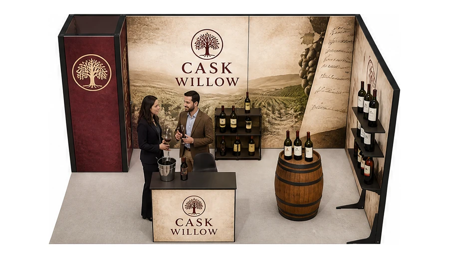Stoisko 5 × 3 m narożne prawe dla branży winnica, przykładowa marka Cask Willow