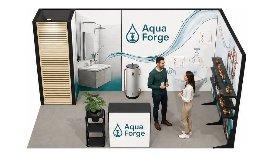 Stoisko 5 × 3 m narożne prawe dla branży instalacje wodno-kanalizacyjne, przykładowa marka Aqua Forge