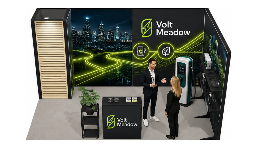 Stoisko 5 × 3 m narożne prawe dla branży elektromobilność i ładowarki, przykładowa marka Volt Meadow
