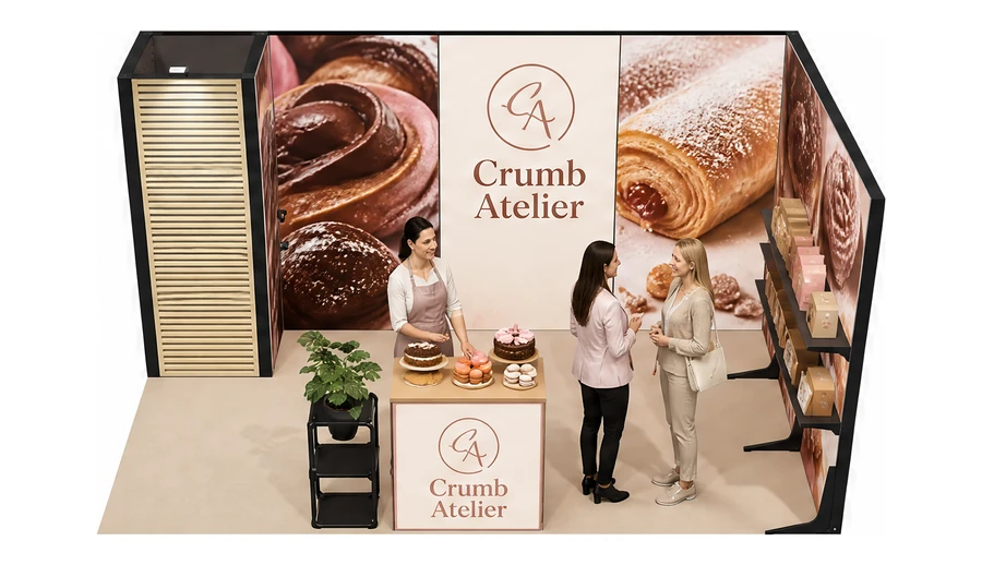 Stoisko 5 × 3 m narożne prawe dla branży piekarnictwo i cukiernictwo, przykładowa marka Crumb Atelier