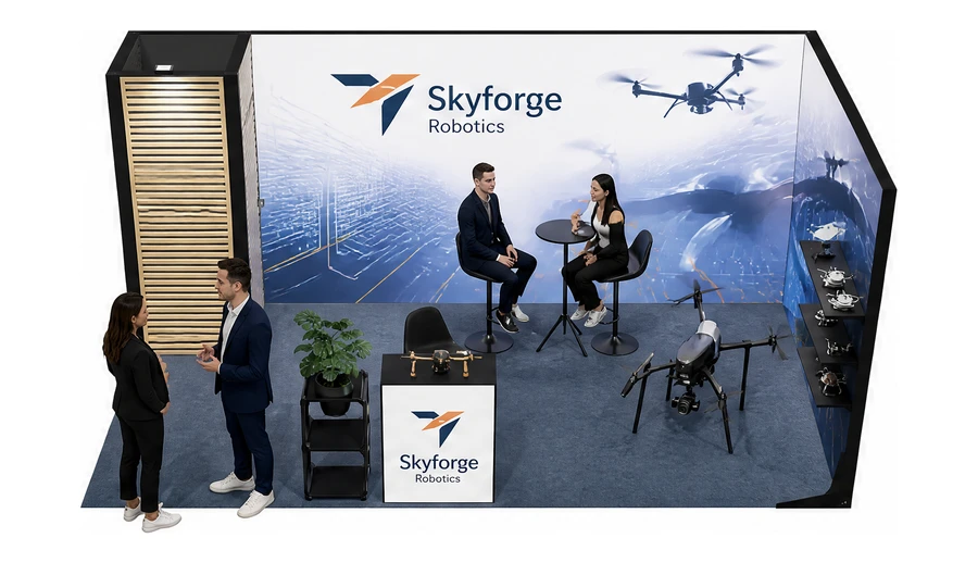 Stoisko 5 × 3 m narożne prawe dla branży drony i robotyka, przykładowa marka Skyforge Robotics