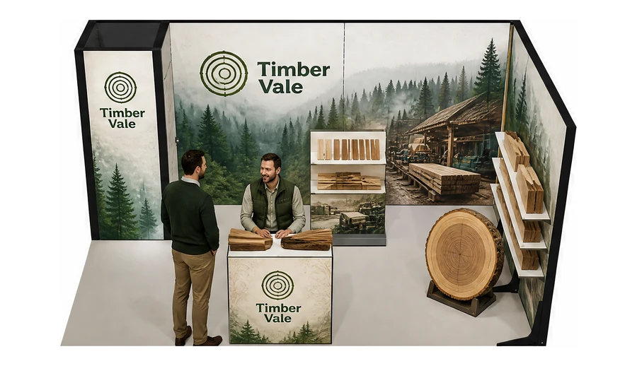 Stoisko 5 × 3 m narożne prawe dla branży leśnictwo i przemysł drzewny, przykładowa marka Timber Vale