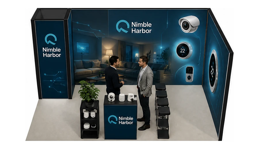 Stoisko 5 × 3 m narożne prawe dla branży smart home i IoT, przykładowa marka Nimble Harbor