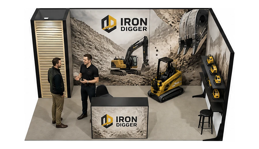 Stoisko 5 × 3 m narożne prawe dla branży maszyny budowlane, przykładowa marka Iron Digger