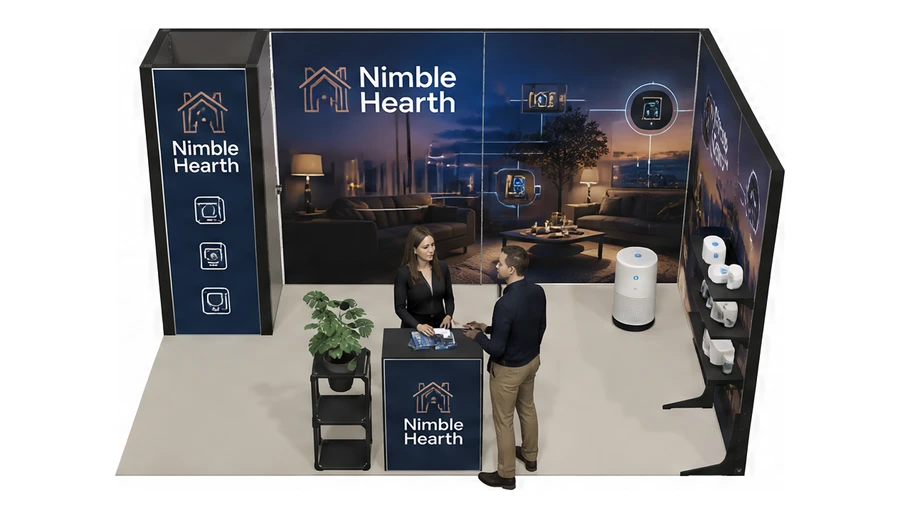 Stoisko 5 × 3 m narożne prawe dla branży smart home i IoT, przykładowa marka Nimble Hearth