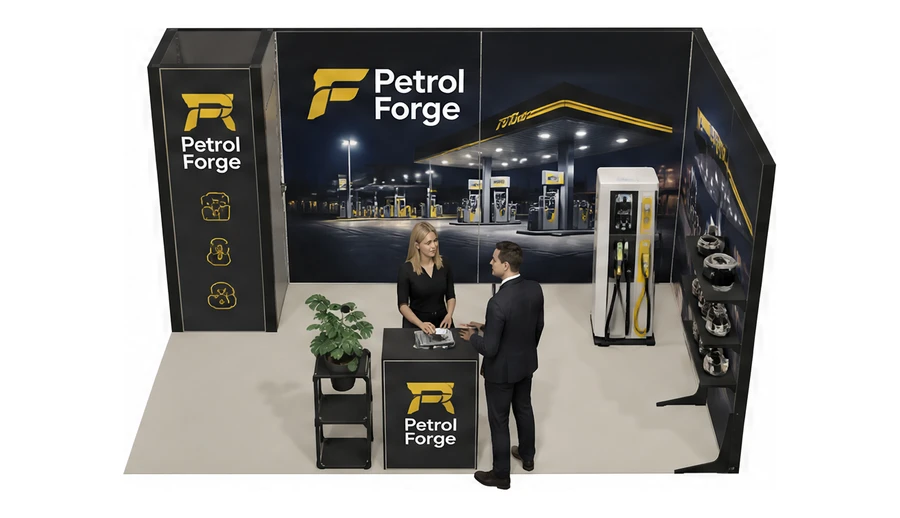 Stoisko 5 × 3 m narożne prawe dla branży stacje paliw, przykładowa marka Petrol Forge
