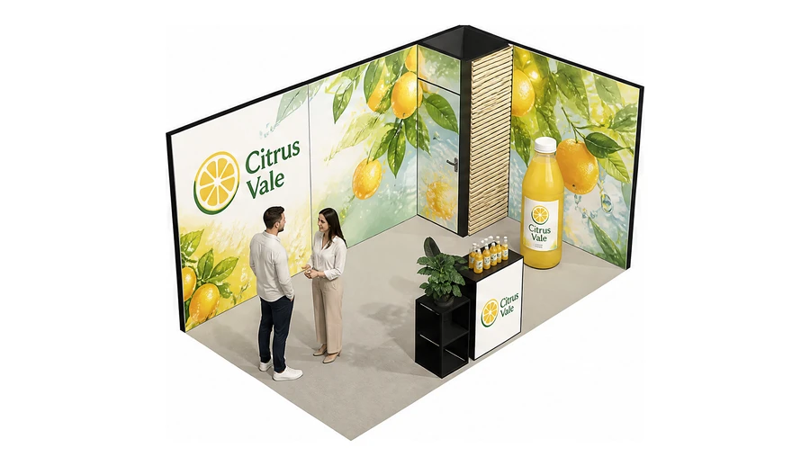 Stoisko 5 × 3 m narożne prawe dla branży napoje, przykładowa marka Citrus Vale