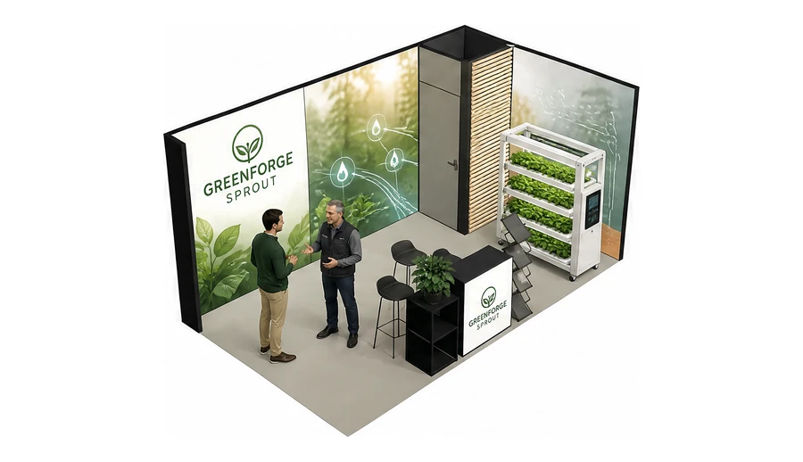 Stoisko 5 × 3 m narożne prawe dla branży sadownictwo i warzywnictwo, przykładowa marka Greenforge Sprout