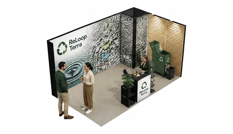 Stoisko 5 × 3 m narożne prawe dla branży recykling i ochrona środowiska, przykładowa marka ReLoop Terra