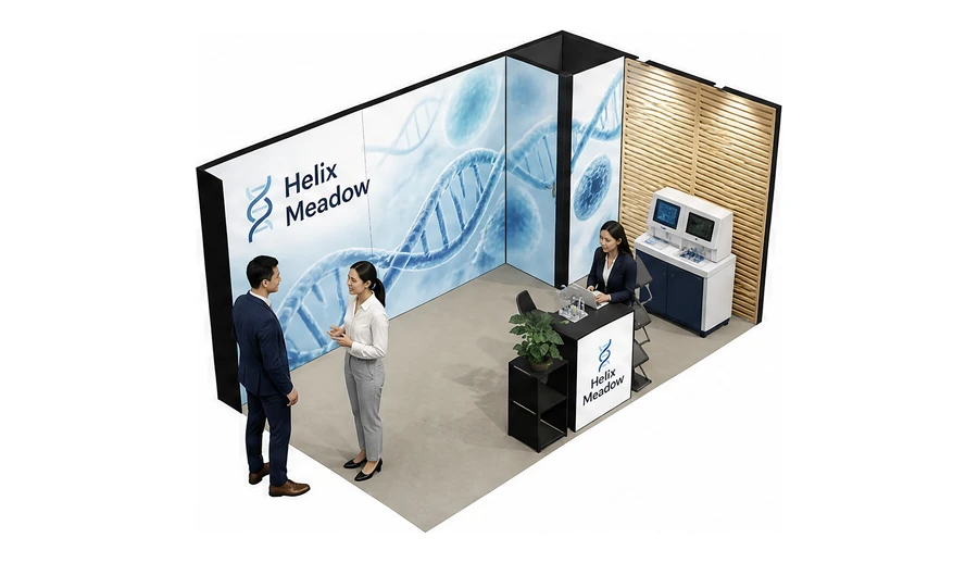 Stoisko 5 × 3 m narożne prawe dla branży farmacja i biotechnologia, przykładowa marka Helix Meadow