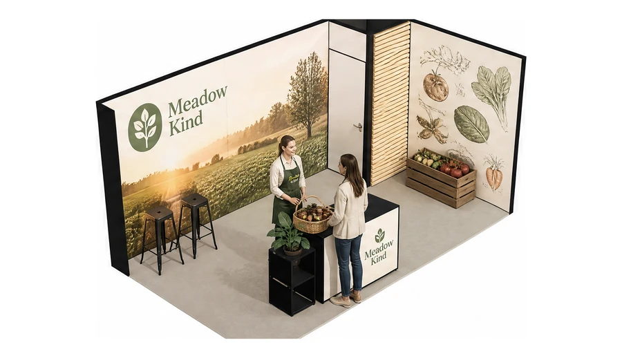 Stoisko 5 × 3 m narożne prawe dla branży żywność ekologiczna, przykładowa marka Meadow Kind