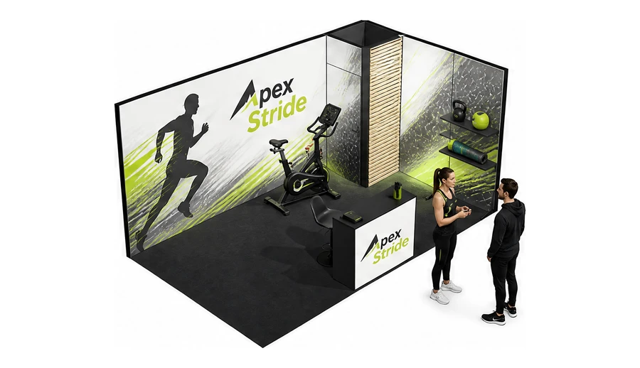 Stoisko 5 × 3 m narożne prawe dla branży sprzęt sportowy, przykładowa marka Apex Stride