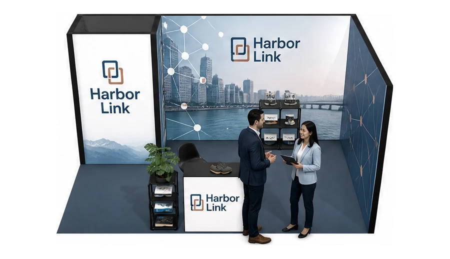 Stoisko 5 × 3 m narożne prawe dla branży franczyza i sieci, przykładowa marka Harbor Link