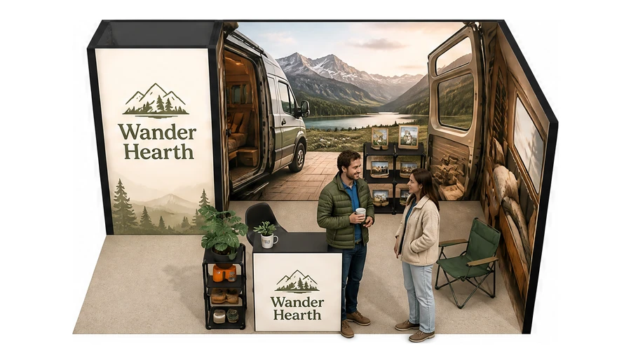 Stoisko 5 × 3 m narożne prawe dla branży caravaning i kampery, przykładowa marka Wander Hearth
