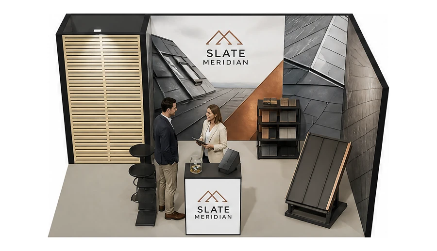 Stoisko 5 × 3 m narożne prawe dla branży dachy i elewacje, przykładowa marka Slate Meridian