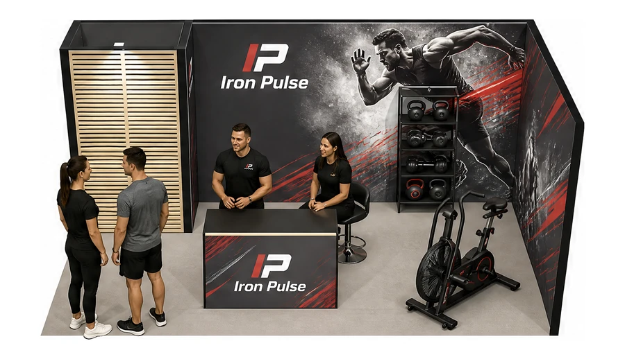 Stoisko 5 × 3 m narożne prawe dla branży fitness i siłownie, przykładowa marka Iron Pulse