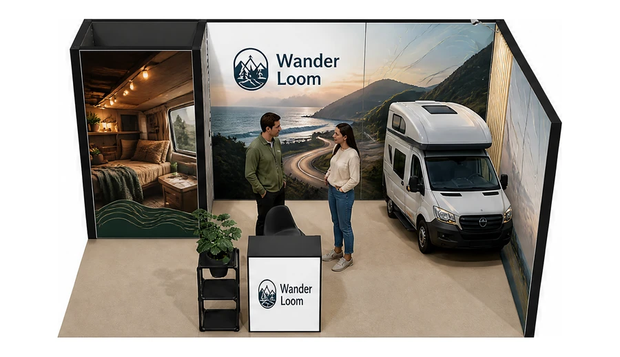 Stoisko 5 × 3 m narożne prawe dla branży caravaning i kampery, przykładowa marka Wander Loom