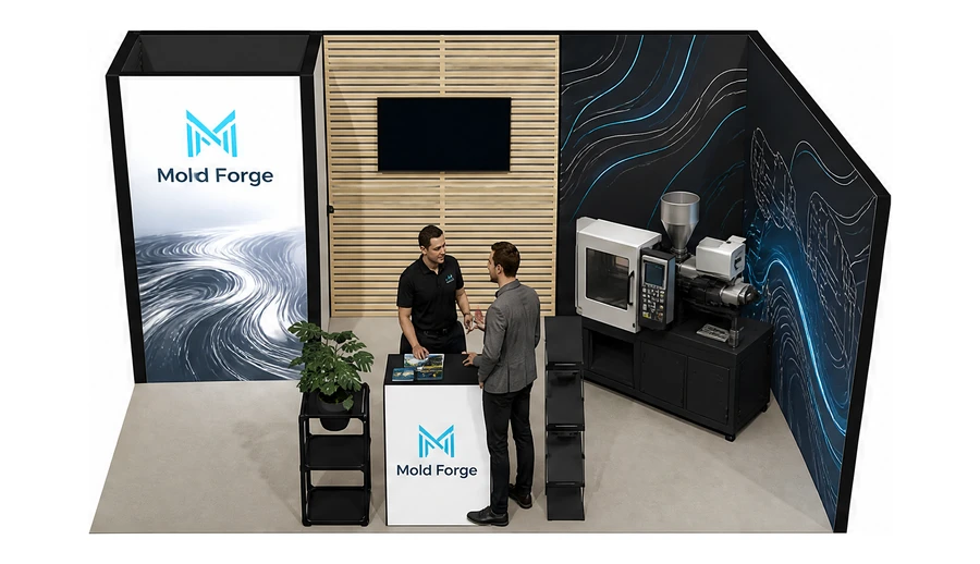 Stoisko 5 × 3 m narożne prawe dla branży przetwórstwo tworzyw, przykładowa marka Mold Forge