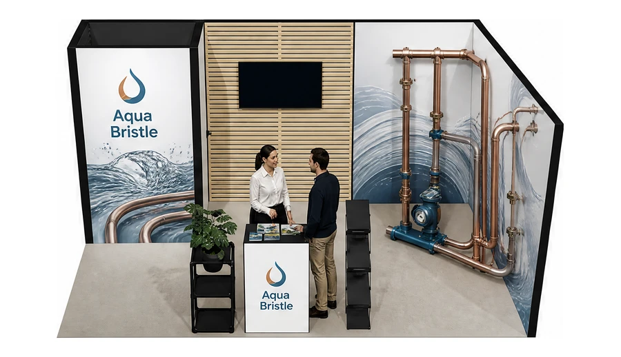 Stoisko 5 × 3 m narożne prawe dla branży instalacje wodno-kanalizacyjne, przykładowa marka Aqua Bristle