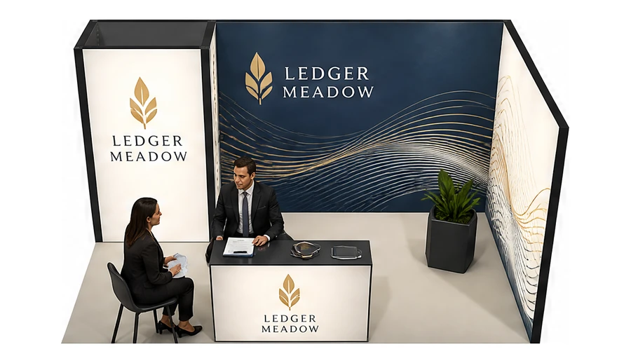 Stoisko 5 × 3 m narożne prawe dla branży usługi finansowe i księgowe, przykładowa marka Ledger Meadow