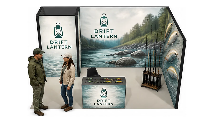 Stoisko 5 × 3 m narożne prawe dla branży wędkarstwo, przykładowa marka Drift Lantern