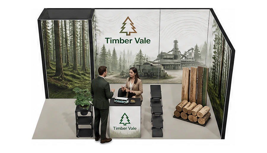 Stoisko 5 × 3 m narożne prawe dla branży leśnictwo i przemysł drzewny, przykładowa marka Timber Vale