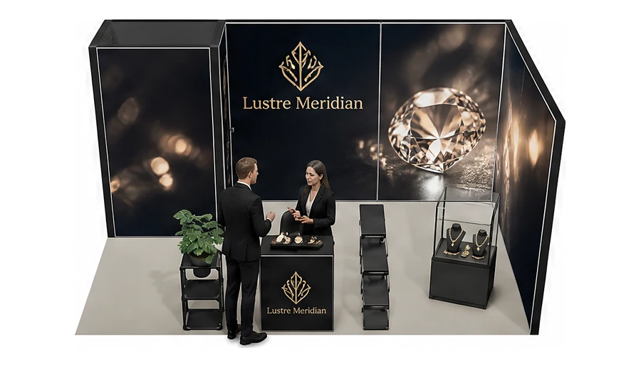 Stoisko 5 × 3 m narożne prawe dla branży biżuteria, przykładowa marka Lustre Meridian