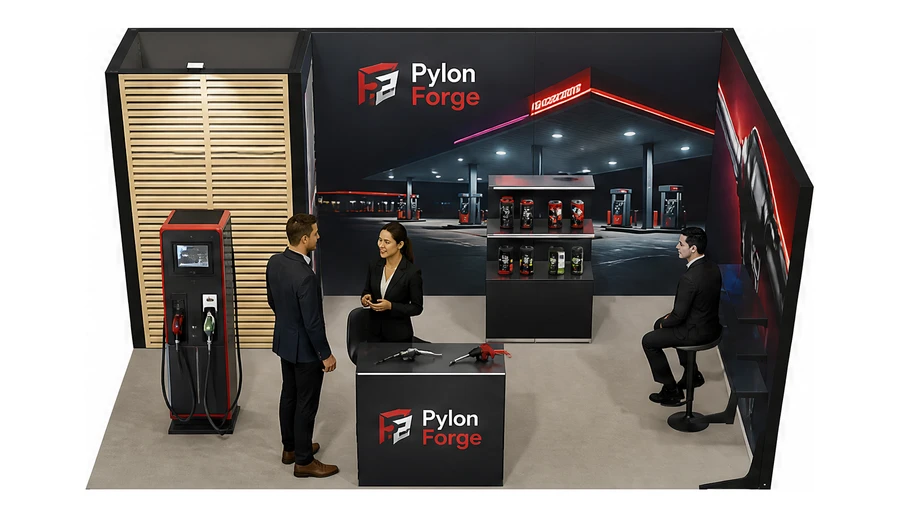 Stoisko 5 × 3 m narożne prawe dla branży stacje paliw, przykładowa marka Pylon Forge