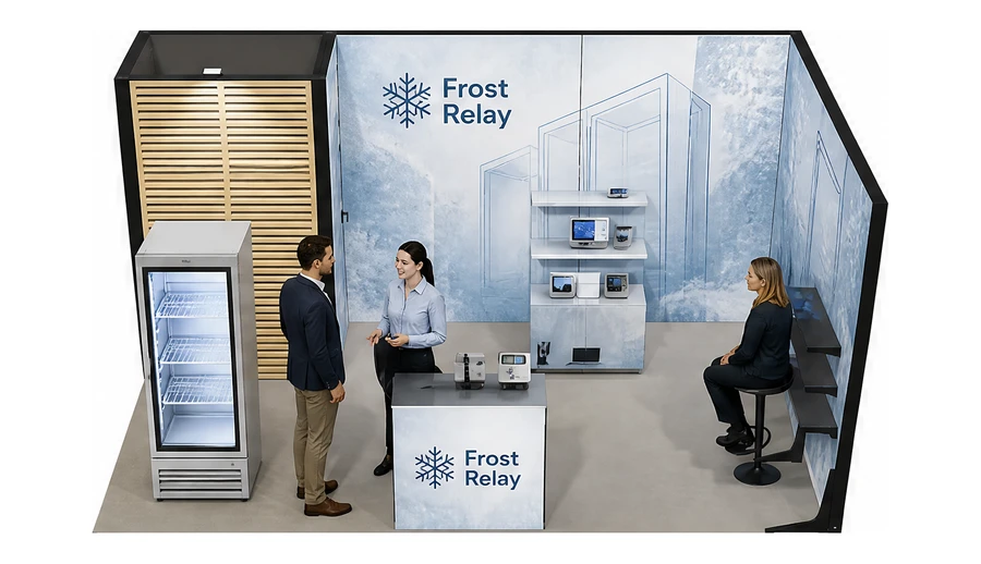 Stoisko 5 × 3 m narożne prawe dla branży łańcuch chłodniczy, przykładowa marka Frost Relay