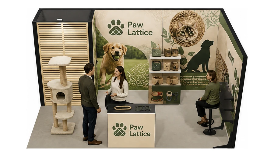 Stoisko 5 × 3 m narożne prawe dla branży akcesoria dla zwierząt, przykładowa marka Paw Lattice