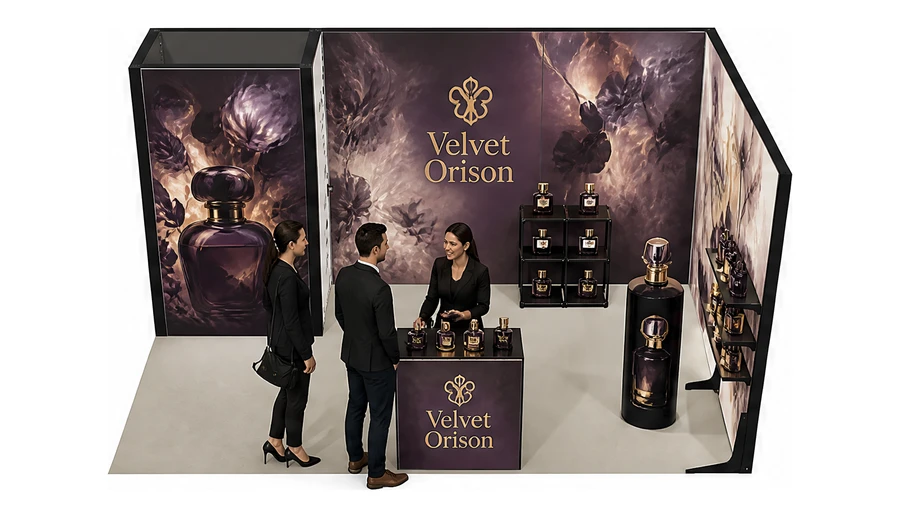 Stoisko 5 × 3 m narożne prawe dla branży perfumy, przykładowa marka Velvet Orison