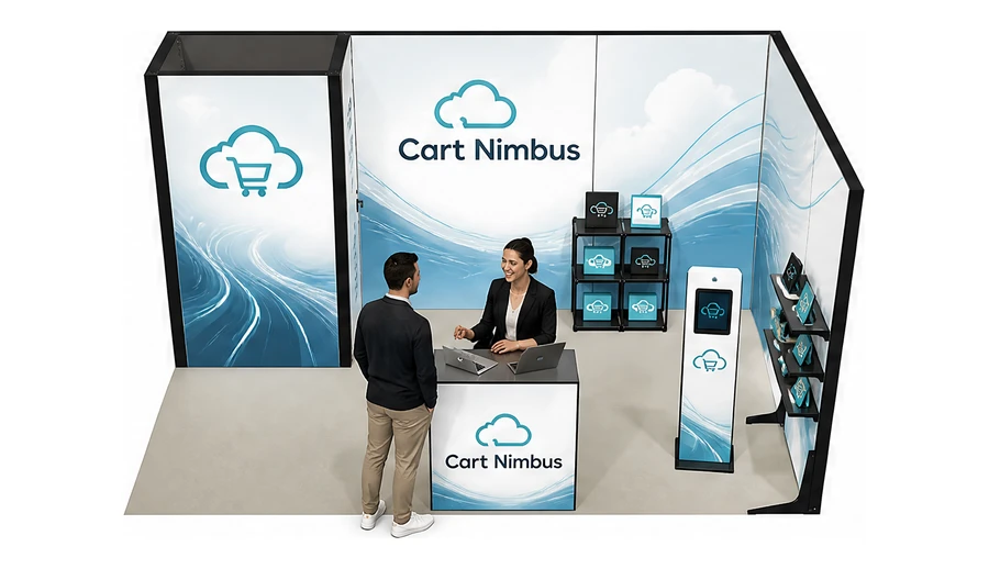 Stoisko 5 × 3 m narożne prawe dla branży e-commerce, przykładowa marka Cart Nimbus