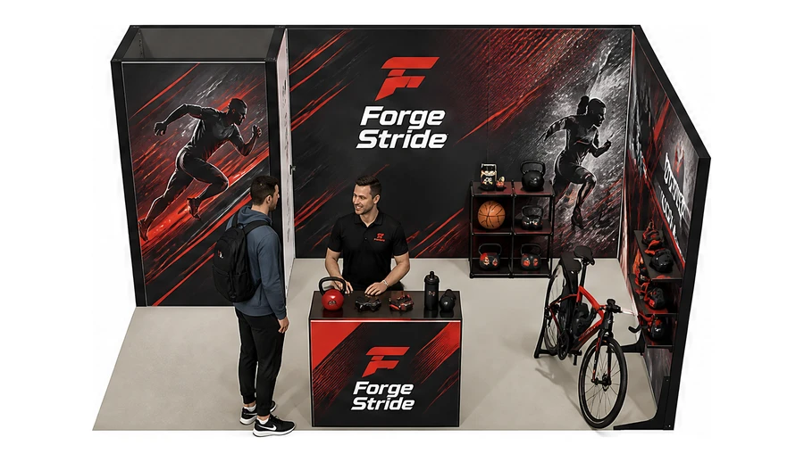 Stoisko 5 × 3 m narożne prawe dla branży sprzęt sportowy, przykładowa marka Forge Stride