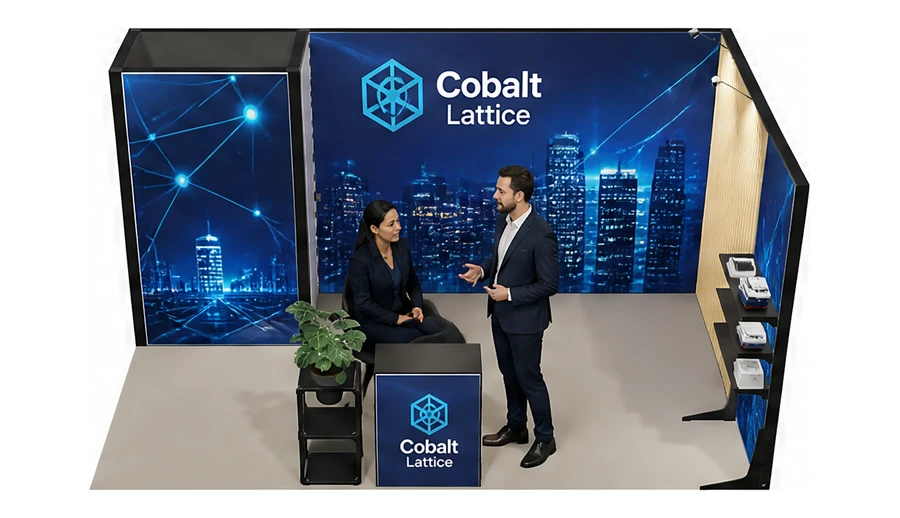 Stoisko 5 × 3 m narożne prawe dla branży oprogramowanie dla firm, przykładowa marka Cobalt Lattice