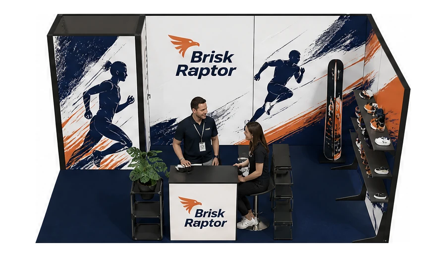 Stoisko 5 × 3 m narożne prawe dla branży sprzęt sportowy, przykładowa marka Brisk Raptor