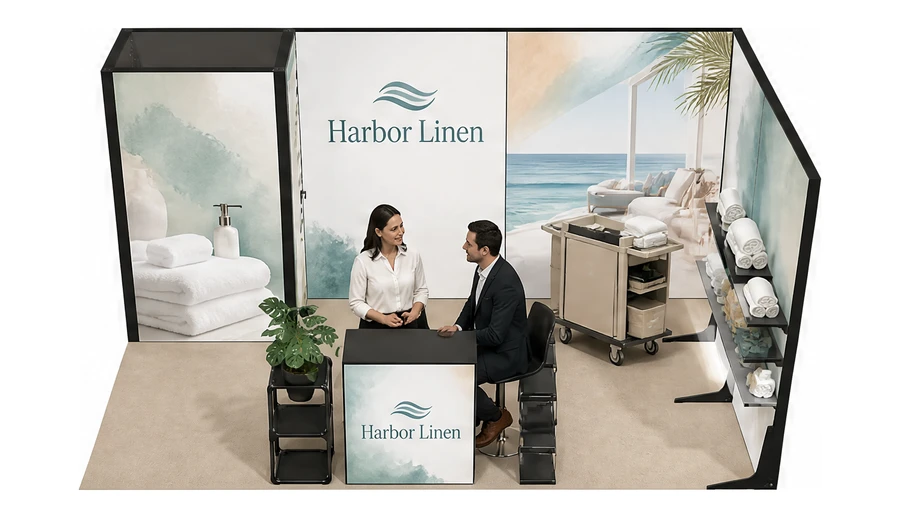 Stoisko 5 × 3 m narożne prawe dla branży wyposażenie hoteli, przykładowa marka Harbor Linen