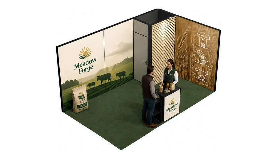 Stoisko 5 × 3 m narożne prawe dla branży hodowla i pasze, przykładowa marka Meadow Forge