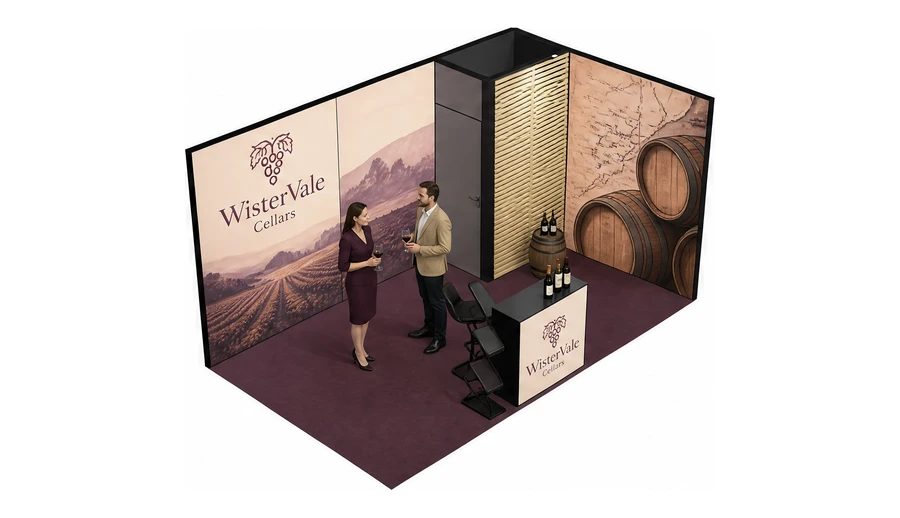 Stoisko 5 × 3 m narożne prawe dla branży winnica, przykładowa marka WisterVale Cellars