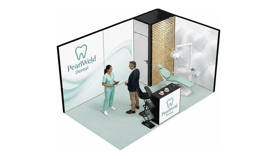 Stoisko 5 × 3 m narożne prawe dla branży stomatologia, przykładowa marka PearlWeld Dental